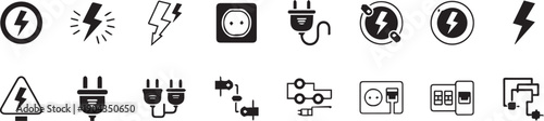 Collection of electricity and power icons including plugs, sockets, lightning bolts, and circuit symbols.