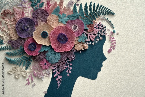 Intricate paper craft depicts a female silhouette adorned with layered floral elements