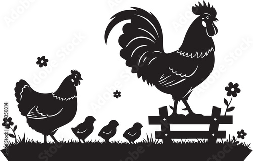 Black silhouette of a rooster and hen with chicks by a fence and flowers in a grassy field.