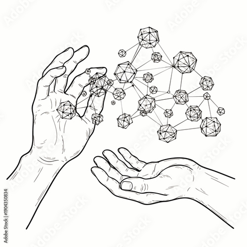 Hands holding and manipulating a complex geometric network structure, representing data, science, or technology concepts.