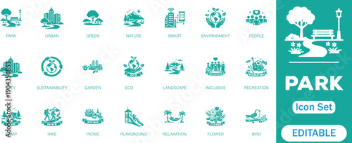 Park icon set. Containing forest, barbecue, camp, bench, picnic and playground icons. Park leisure and outdoor activity symbols. Solid icon collection.