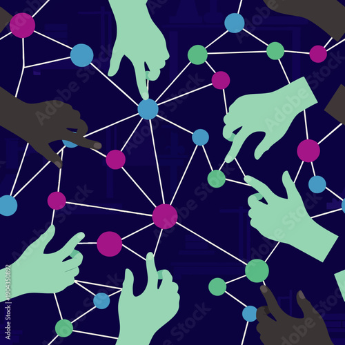 Diverse hands connecting points in a digital network, symbolizing collaboration, teamwork, and global communication.