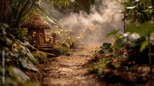 Enchanting forest path with whimsical elements like wild animals a tiny mushroom house and mist creating a fairy tale ambiance suitable as a background copy space image.