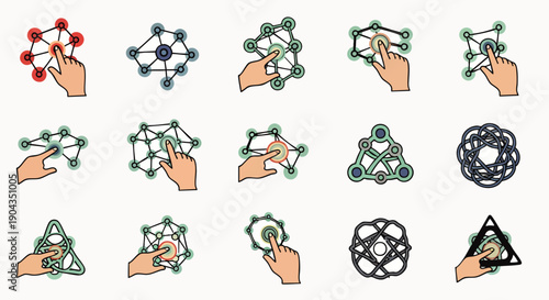 Collection of abstract geometric network icons and hand interactions, representing data, connection, and technology