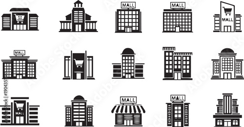 Collection of various mall and shopping center building icons in black and white