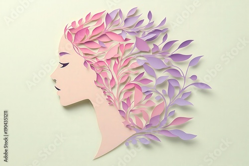 Profile silhouette of a woman with hair formed by layered paper foliage