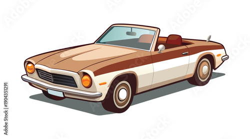 A vintage brown and white convertible car, likely from the 1970s, displayed on a clean white background.
