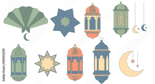 Islamic lanterns and crescent moon icons.
