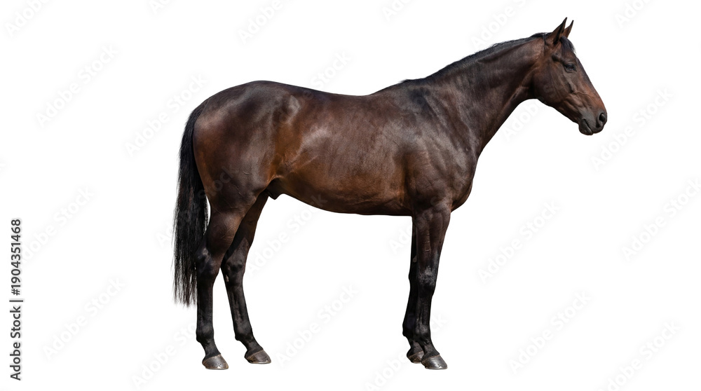 Obraz premium Dark brown horse standing in profile, full body view, isolated on white