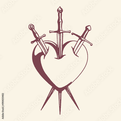 Black and White Engraved Heart Pierced by Three Swords Symbolizing Profound Sorrow, Spiritual Sacrifice, and Enduring Love in a Vintage Traditional Style