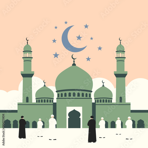 Illustration of a mosque at night with people praying.