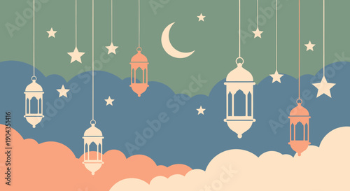 Islamic lanterns hanging from crescent moon and stars in night sky.