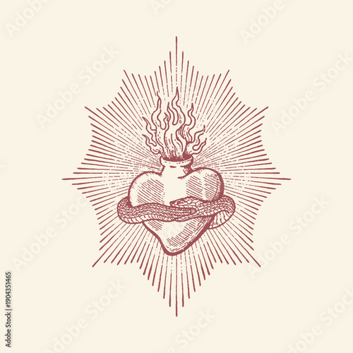 Mystical Flaming Heart with Serpent and Radiant Rays in Vintage Engraving Style - Esoteric Symbol of Passion, Danger, and Wisdom for Dark Art and Spiritual Designs