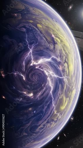 Alien Planet With Massive Swirling Storm and Lightning