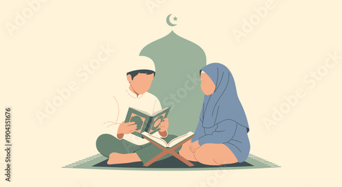 Family reading Quran together at home.