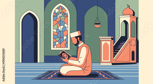 Man reading Quran in mosque interior.