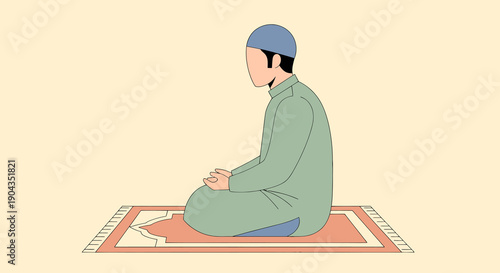 Man sitting on prayer mat in serene environment.