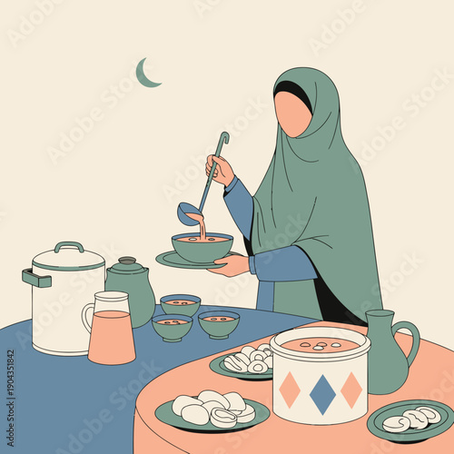 Woman in hijab serving food at night.