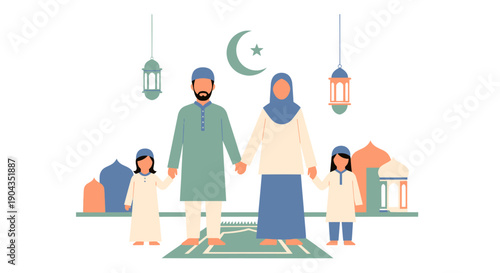 A Muslim family praying together at home.