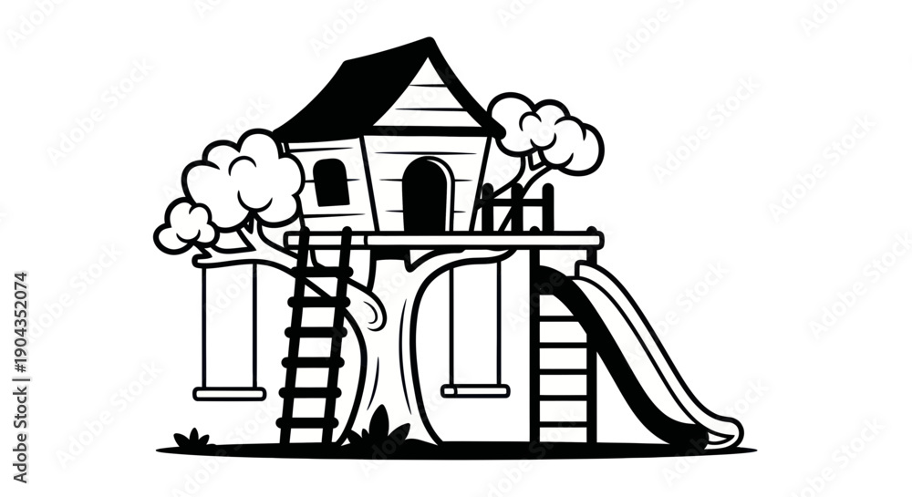 Naklejka premium Whimsical Treehouse Playground with Swings and Slide, Black and White Illustration