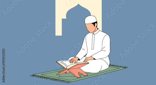 Man reading a book on a prayer mat.