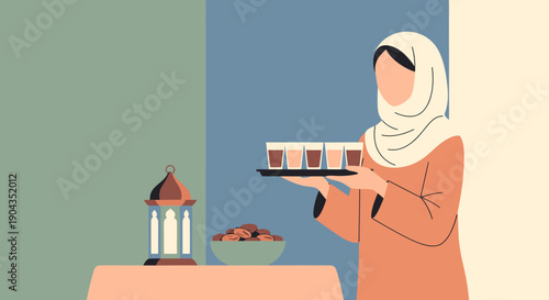 Woman in hijab serving food and drinks.