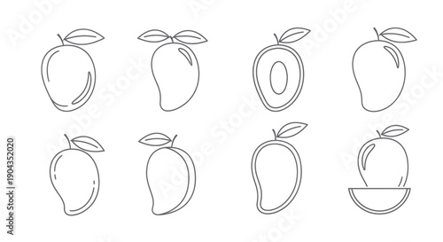 Mango Fruit Icons Set - Line Art Tropical Food Vector Illustration