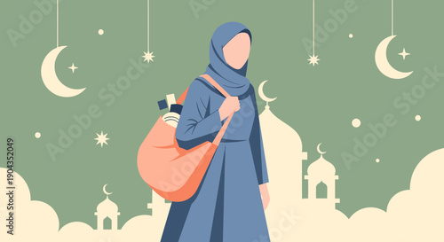 Illustration of a woman wearing hijab standing in front of a mosque at night.