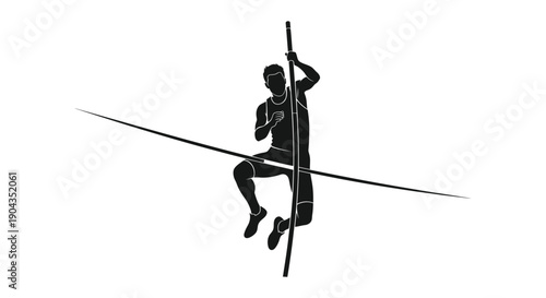 Silhouette of pole vaulter clearing high bar, athletic jump, sports action