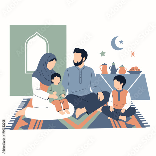 Muslim family breaking fast together at home.