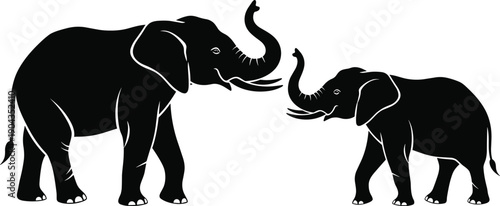Elephant mother and baby silhouette facing each other, cute wildlife family concept in black vector illustration, minimal animal design isolated on white background.