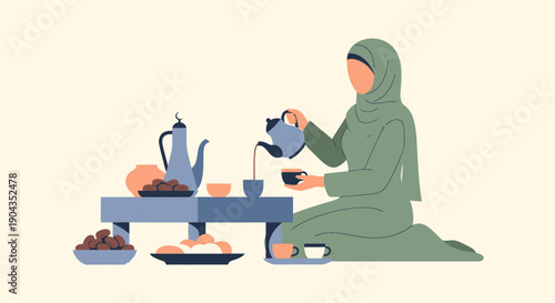 Woman in hijab pouring tea at a table.