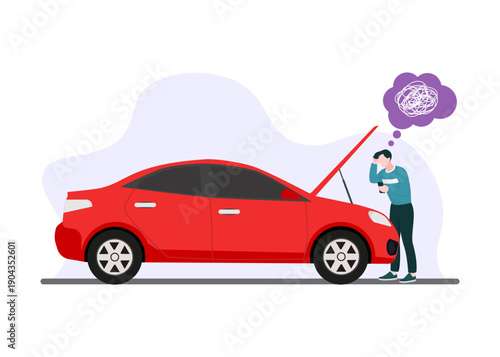 Frustrated Man Looking at Broken Down Red Car Stock Illustration.