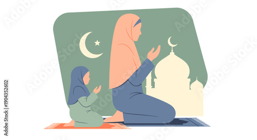 Mother and child praying together at night.