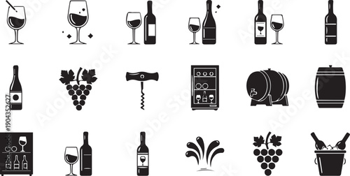 Collection of black wine icons including glasses, bottles, grapes, and accessories on Transparent Background.