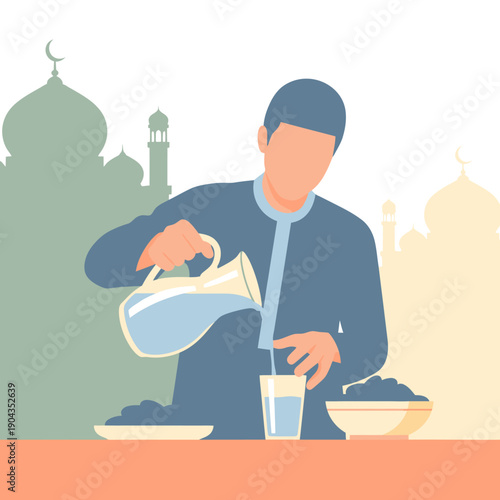 Man pouring water into a glass for iftar during Ramadan.