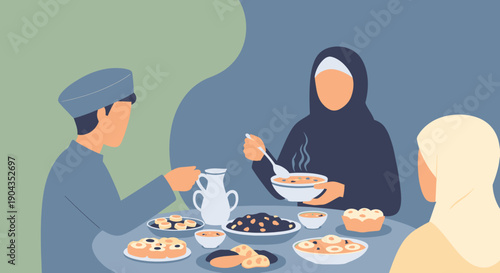 Illustration of people sharing a meal together.