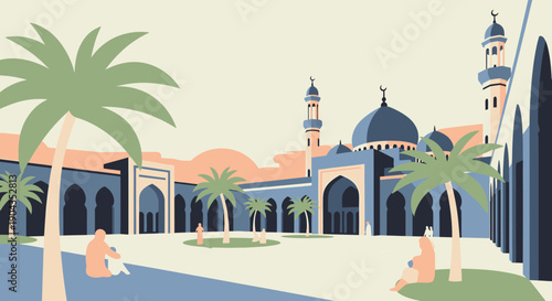 Illustration of a serene mosque courtyard with palm trees and people relaxing.