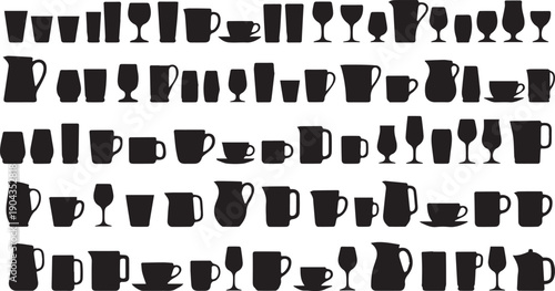 Collection of various black silhouettes of cups, mugs, glasses, and jugs on a Transparent Background, ideal for design and advertising.