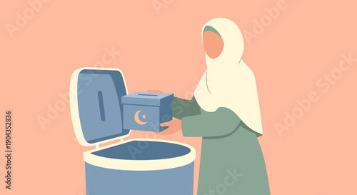 woman in hijab recycling a box.