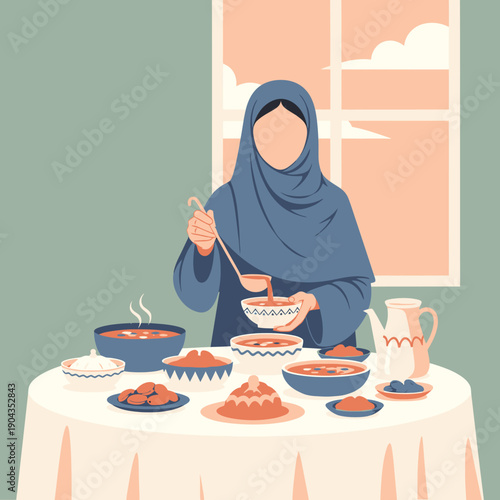 Woman in hijab preparing traditional meal.