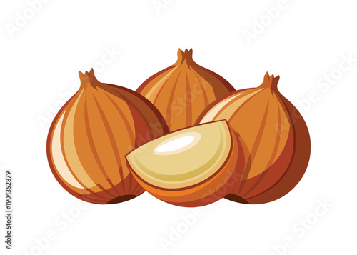 A small cluster of fresh, whole brown onions along with one perfectly sliced onion wedge on a white background.
