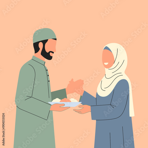 A man and woman in traditional clothing exchanging a plate of food.