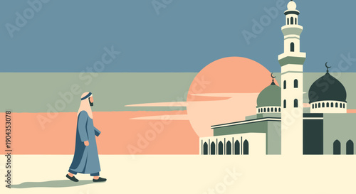 Illustration of man walking past mosque.
