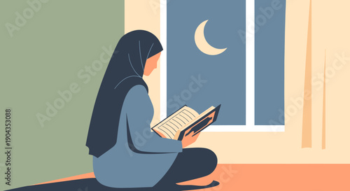 Woman reading a book at night.