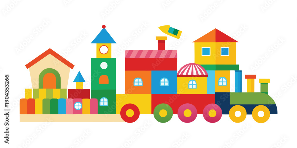 Fototapeta premium A charming and extensive cityscape created entirely from colorful building blocks, including a long toy train. 