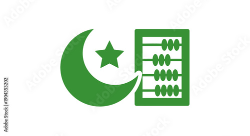 Green crescent moon with star and abacus symbolizing Islamic finance and accounting.