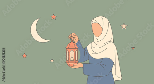 Woman in hijab holding lantern at night.