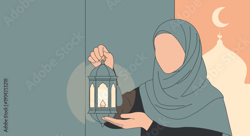 Woman in hijab holding lantern at night.
