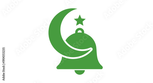 Green crescent moon and star with bell symbol.